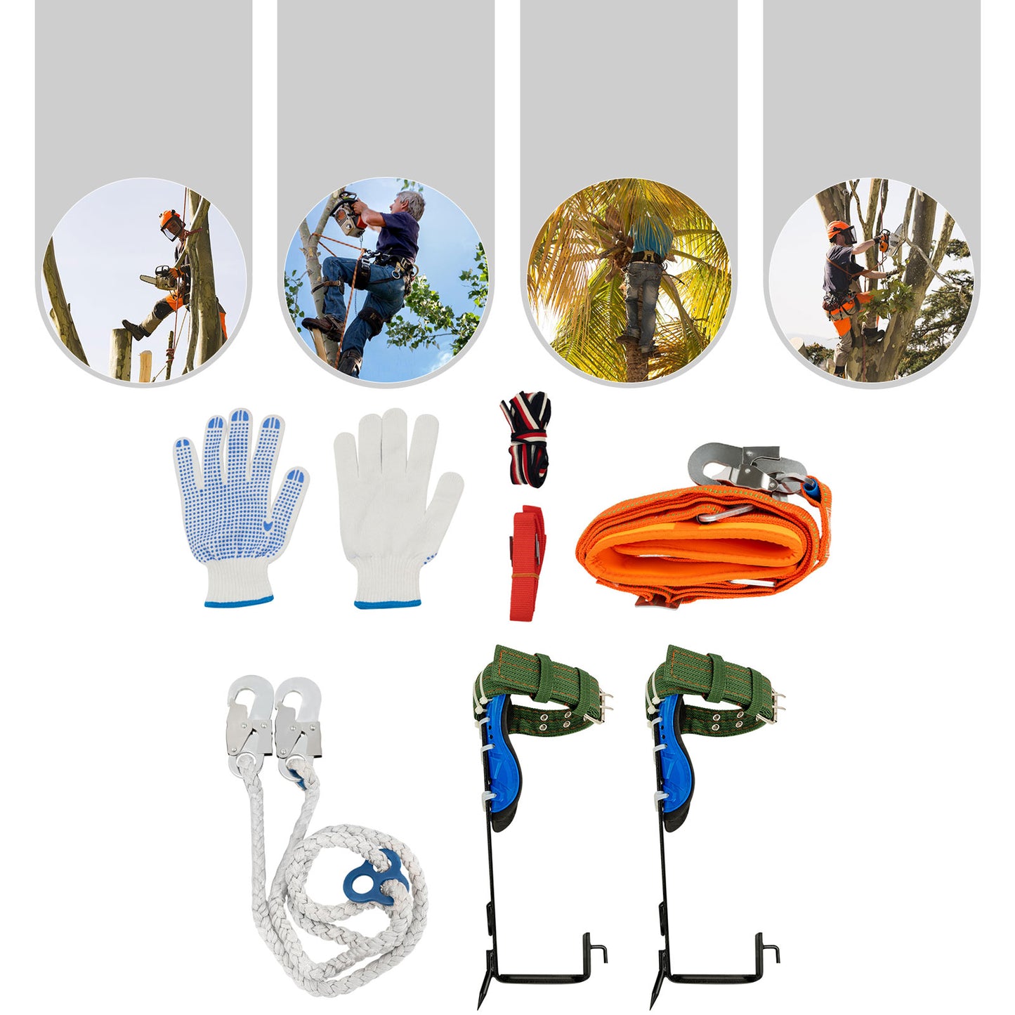 Set of tree climbing tools including ropes, harnesses, and gloves on a white background.