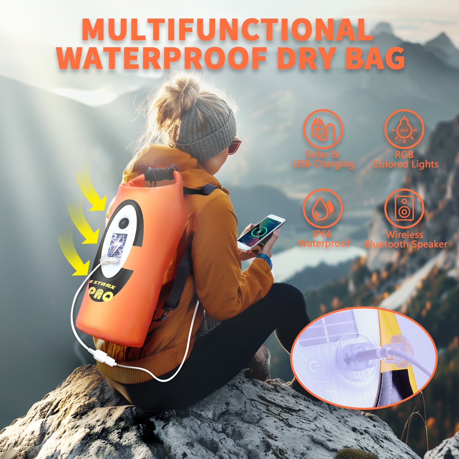 Waterproof Hiking Backpack: Solar Power & Bluetooth Speaker
