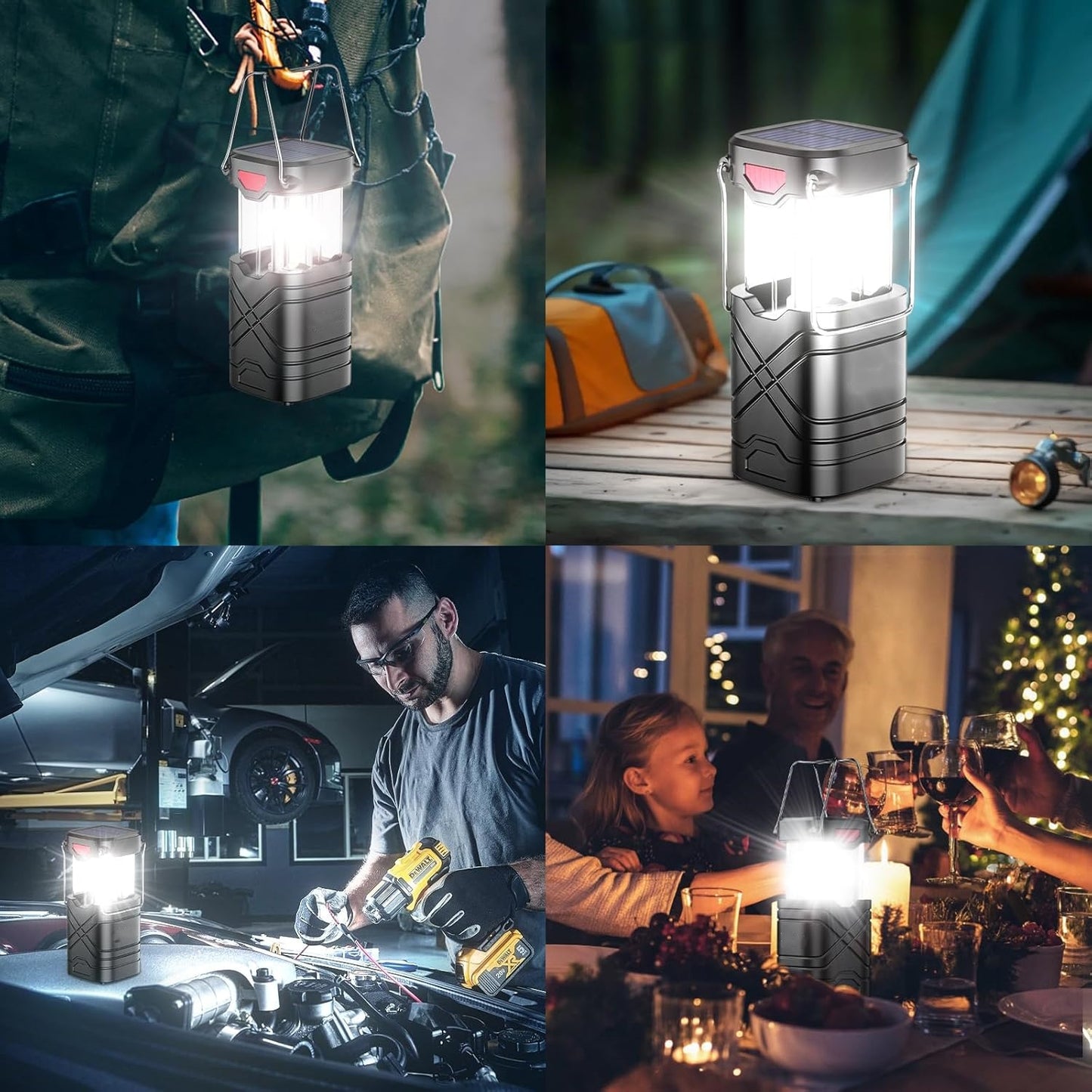 LED Camping Lights 4-Pack - Rechargeable Solar/Battery, USB, 3 Modes