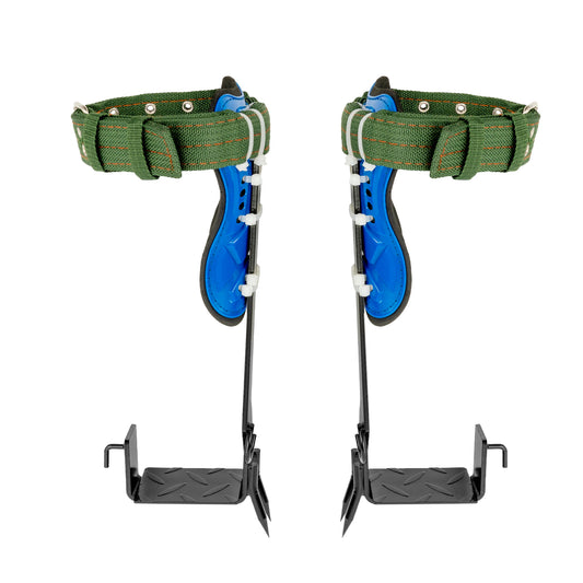 Pair of ski boot bindings with green straps and blue plastic components on a white background