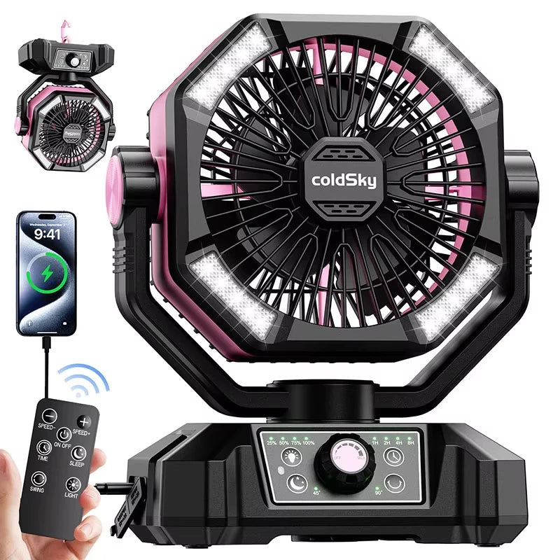 Portable Camping Fan 20000mAh Battery 8 Speeds LED Light