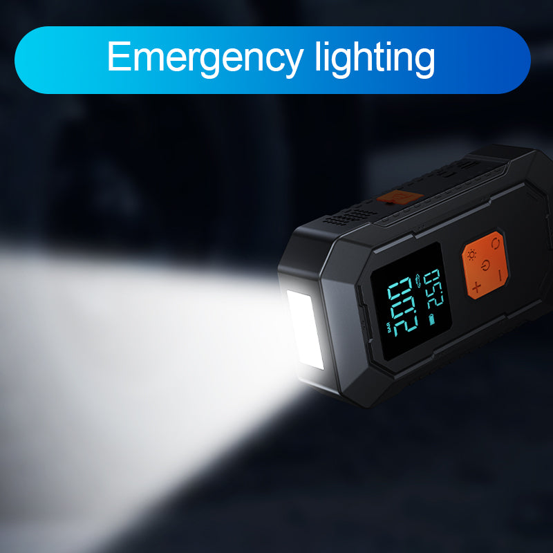 Black flashlight with digital display on a dark background, labeled 'Emergency lighting'.