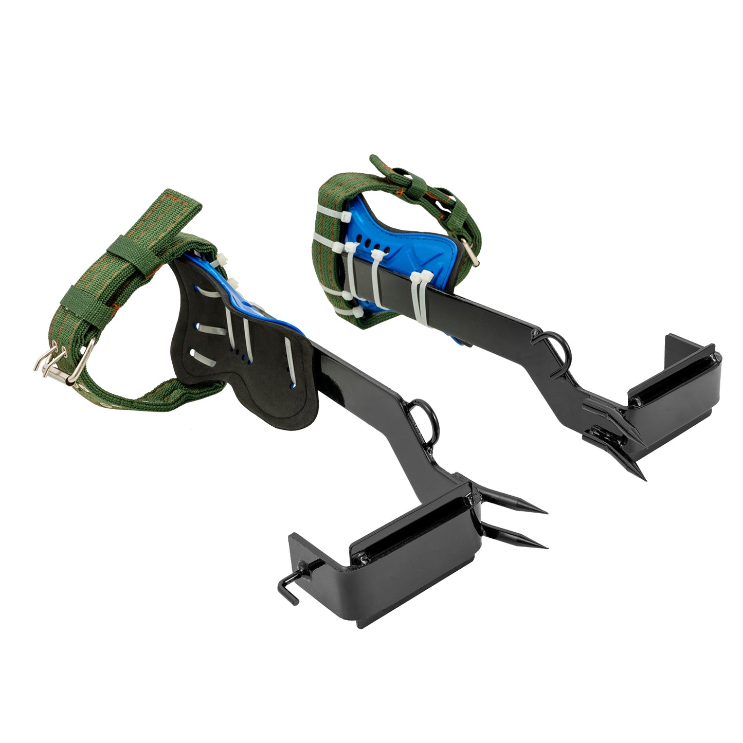 Pair of crampons with green straps on a white background