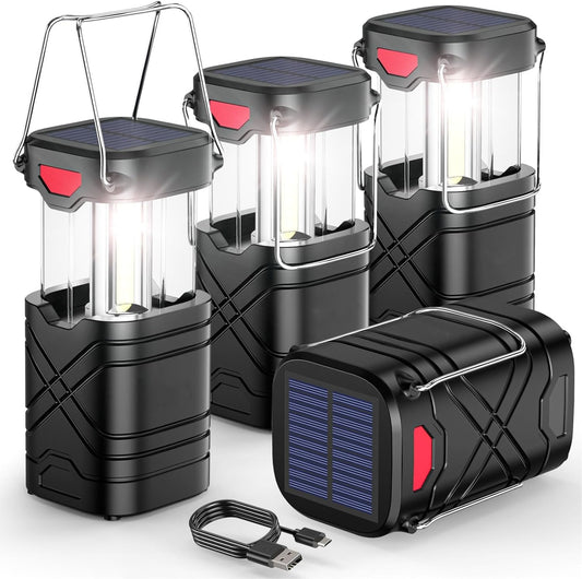 LED Camping Lights 4-Pack - Rechargeable Solar/Battery, USB, 3 Modes