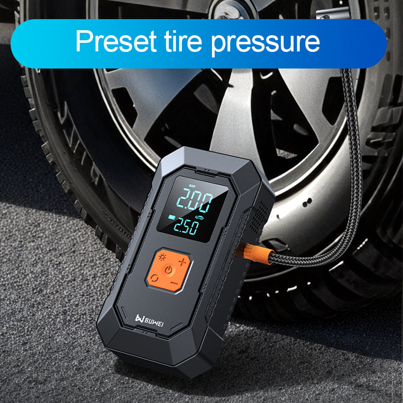 Digital tire pressure gauge with a car tire in the background, displaying 'Preset tire pressure'.