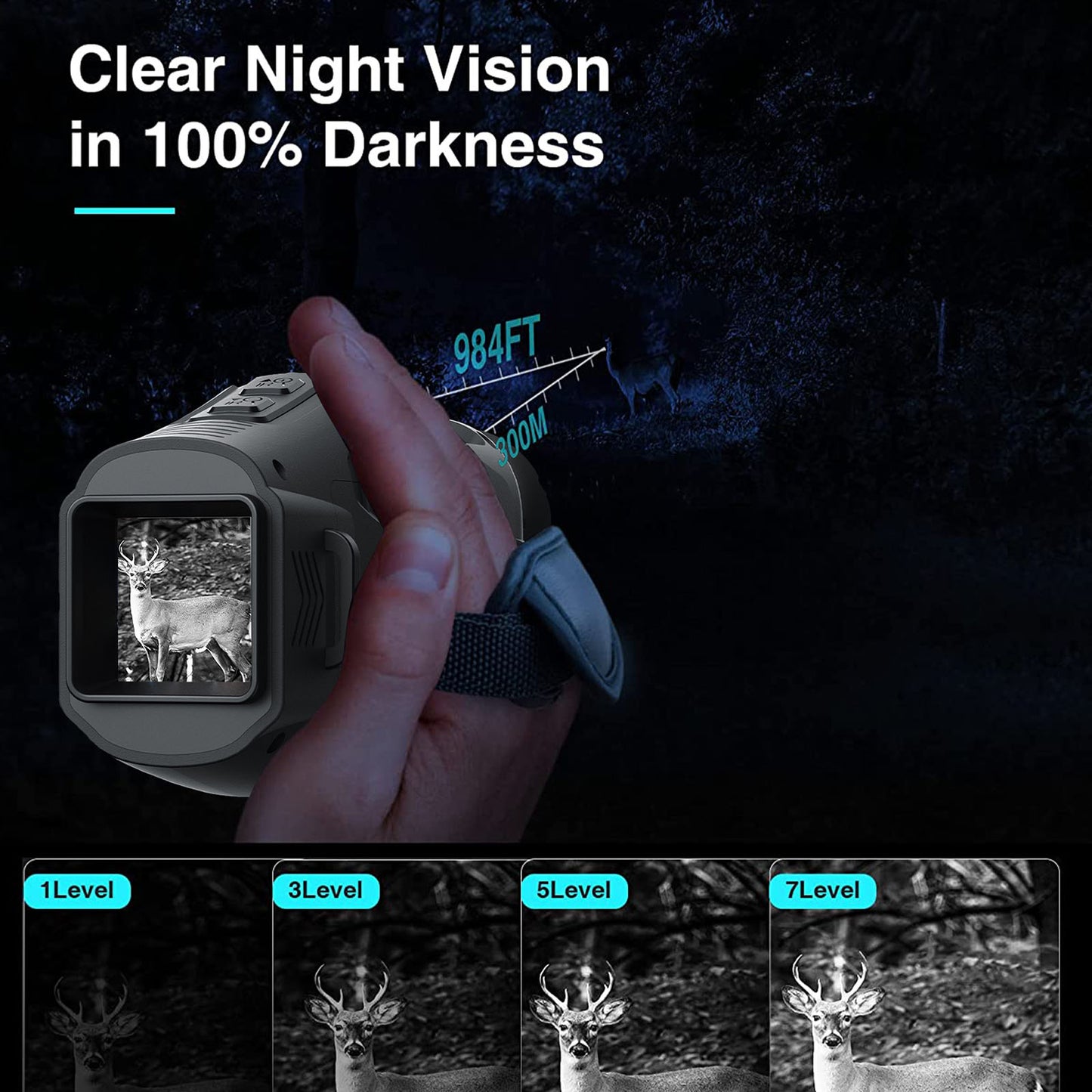 Hand holding a night vision device with deer images displayed, text 'Clear Night Vision in 100% Darkness' and range indicator.