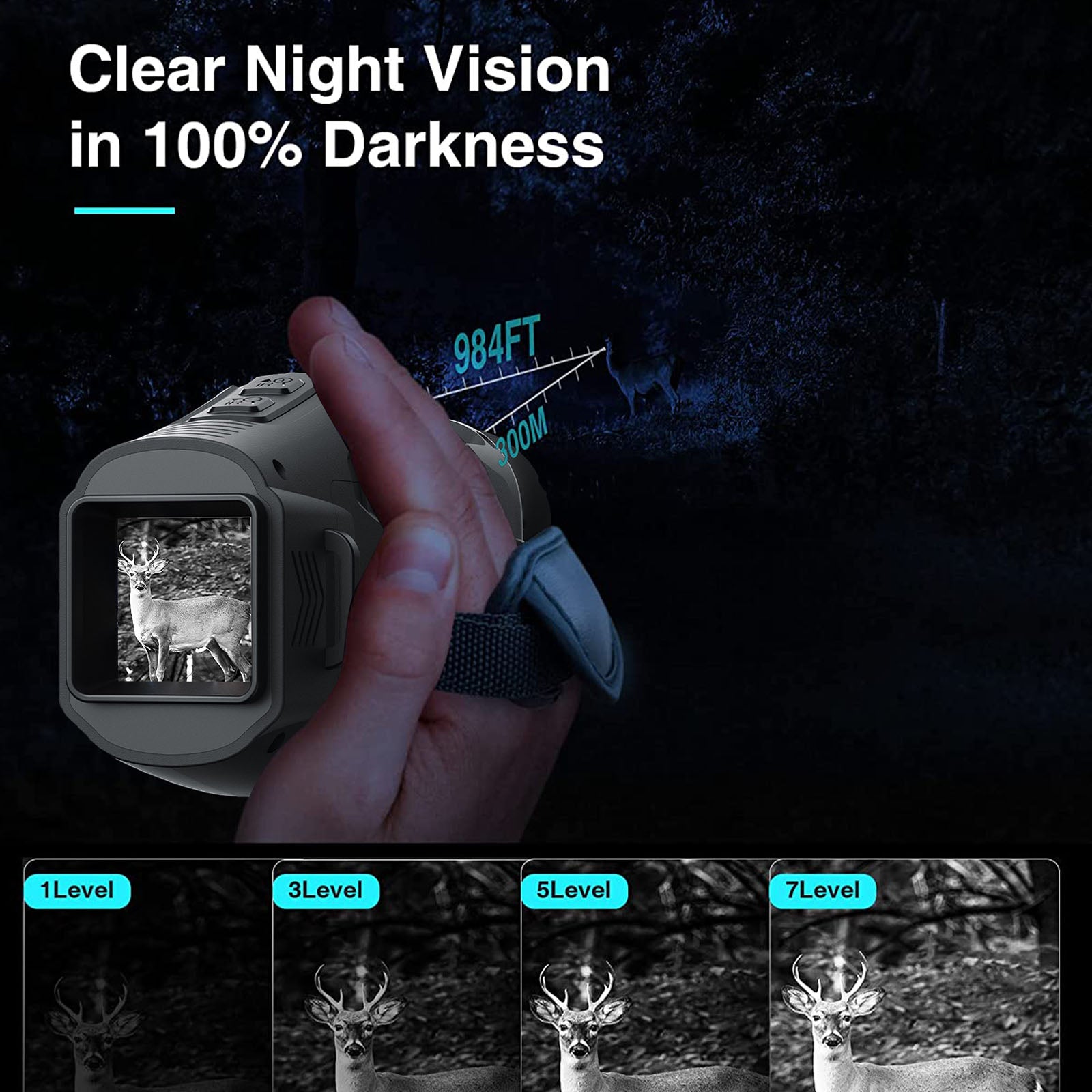 Hand holding a night vision device with deer images displayed, text 'Clear Night Vision in 100% Darkness' and range indicator.