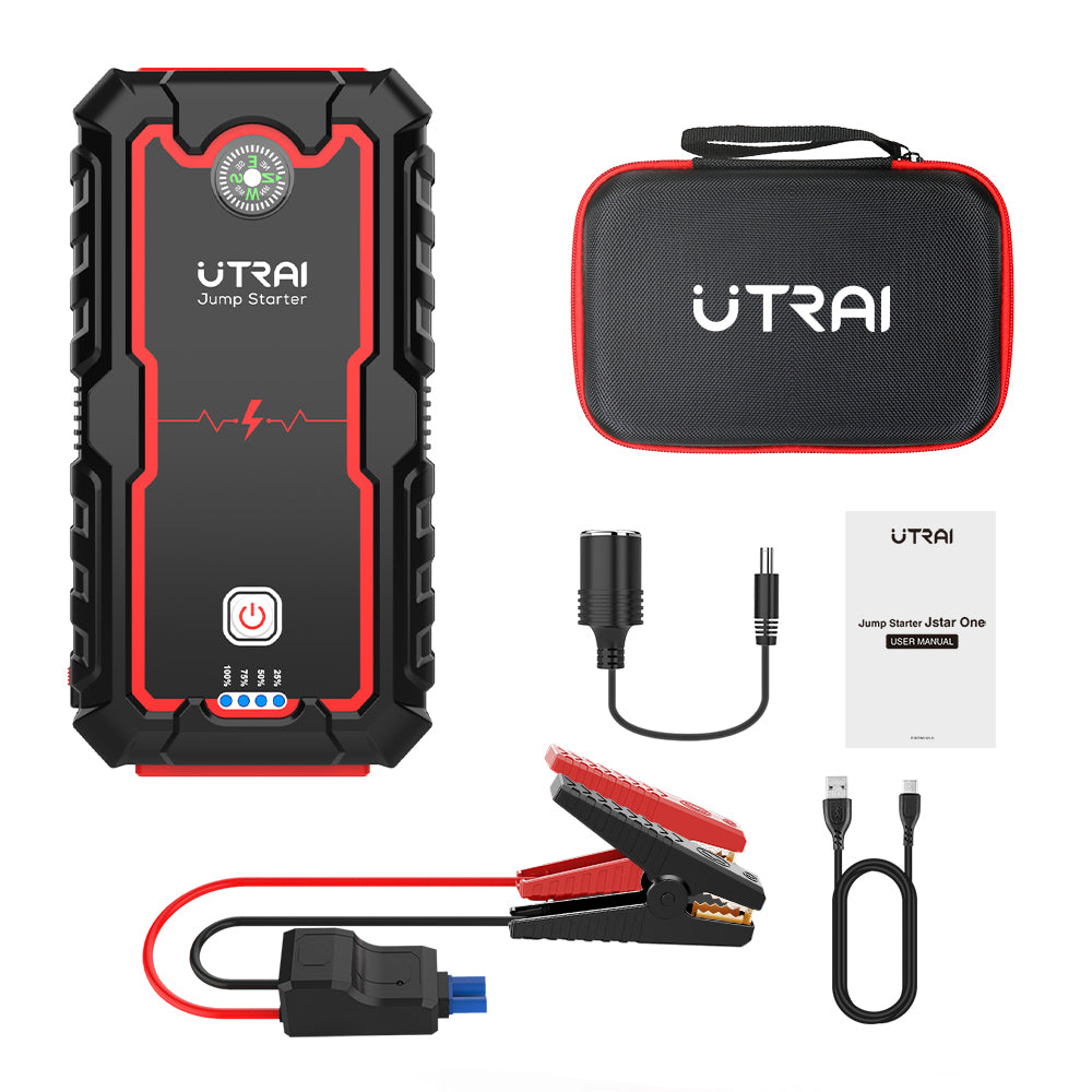 jump starter with accessories on a white background