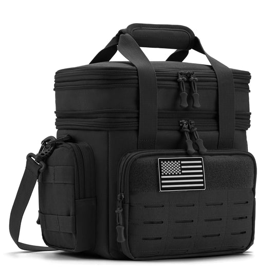 Black tactical bag with American flag patch on a white background