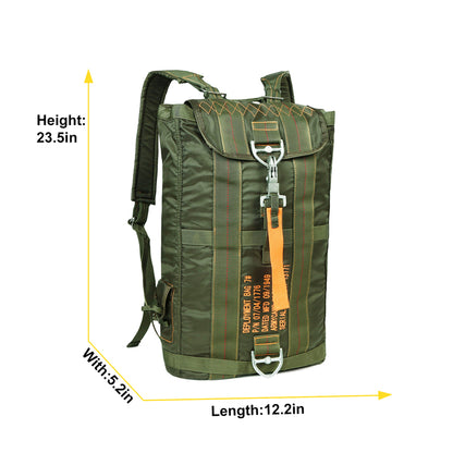 Green backpack with measurements on a white background