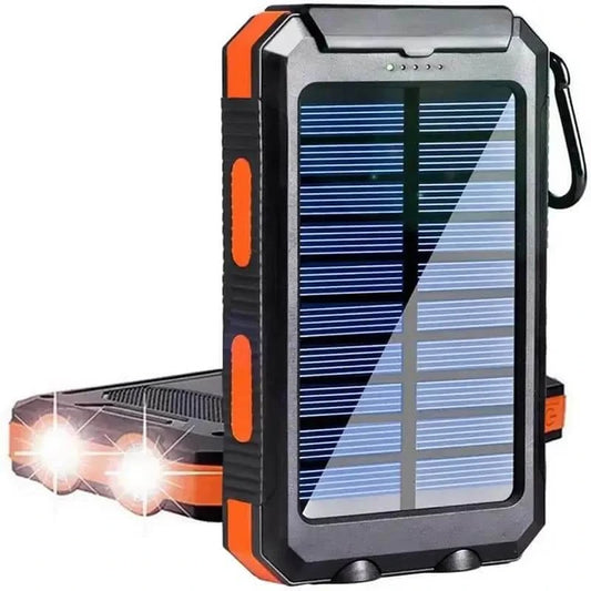 Solar-powered portable charger with flashlight on a white background