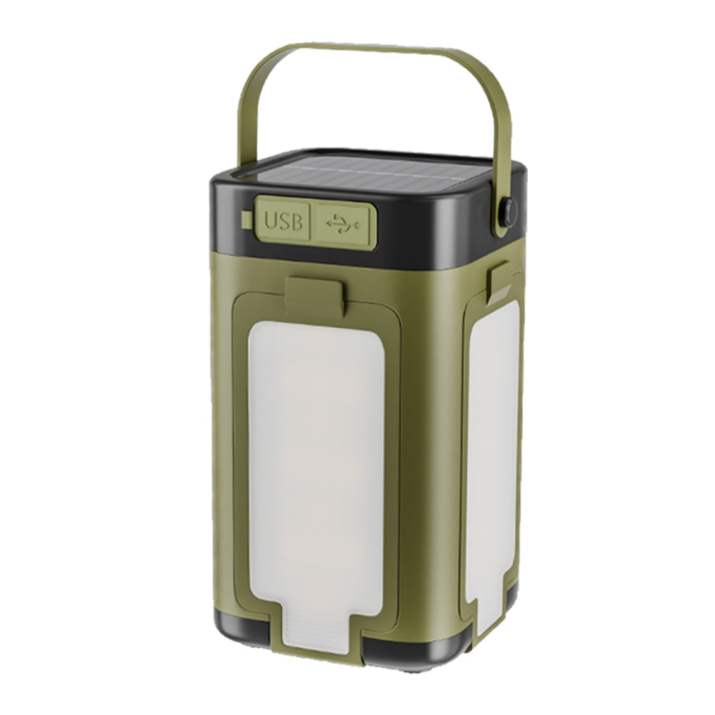 Green and black portable lantern with USB charging port on a white background