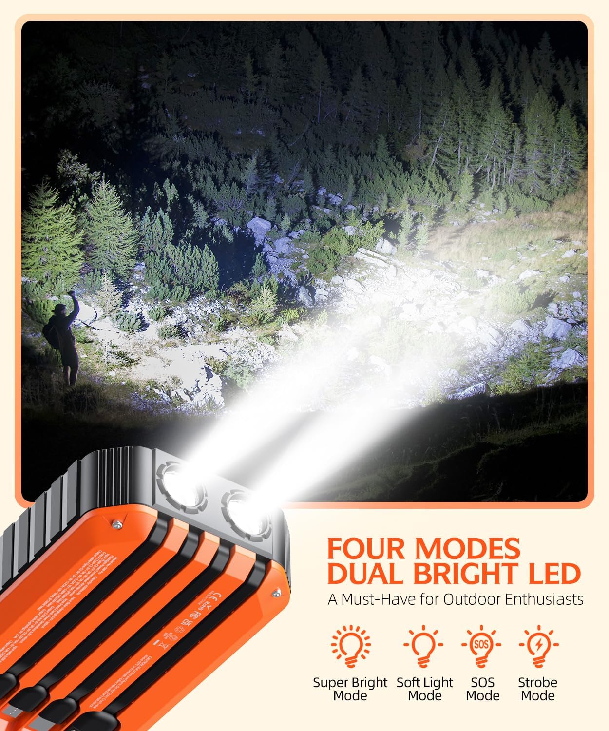 Flashlight illuminating a forest at night with text highlighting features.