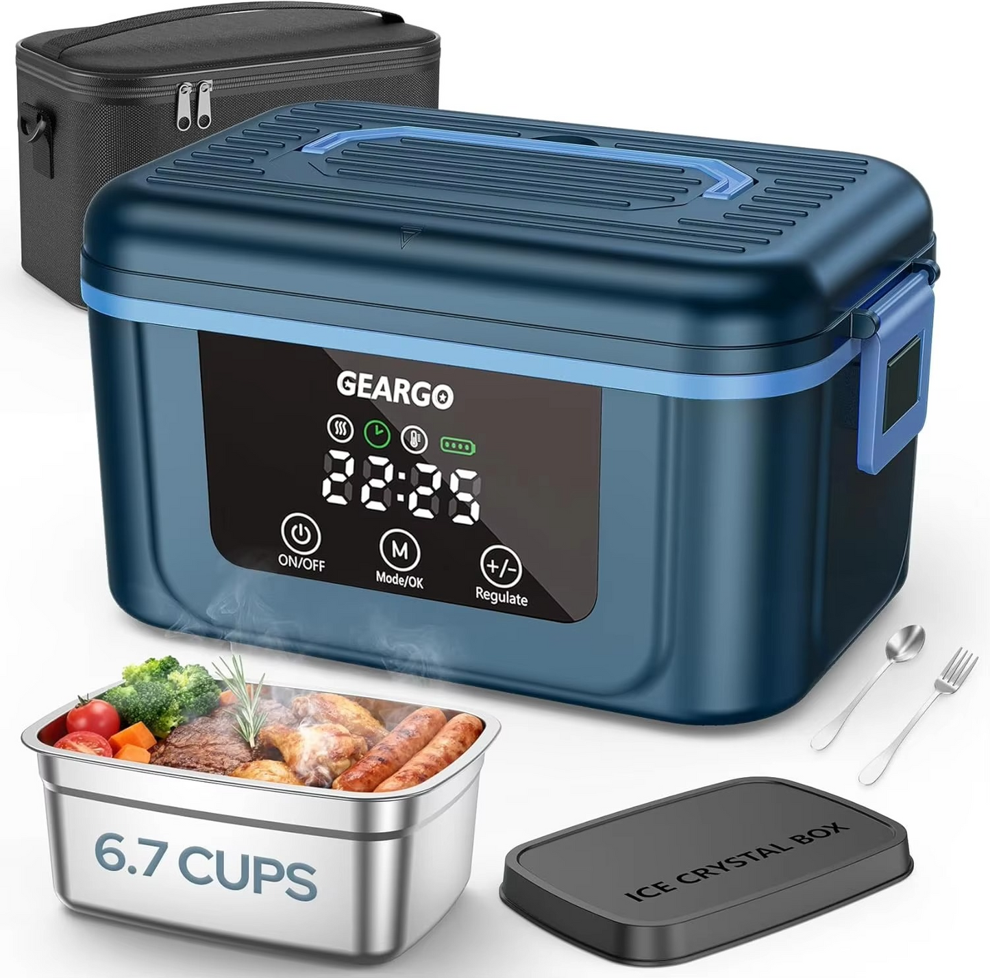 Blue GEARGO food warmer with digital display, black insulated lunch bag, and stainless steel container with food.