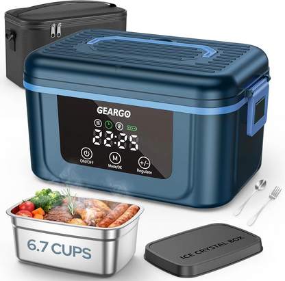 Blue GEARGO food warmer with digital display, black insulated lunch bag, and stainless steel container with food.