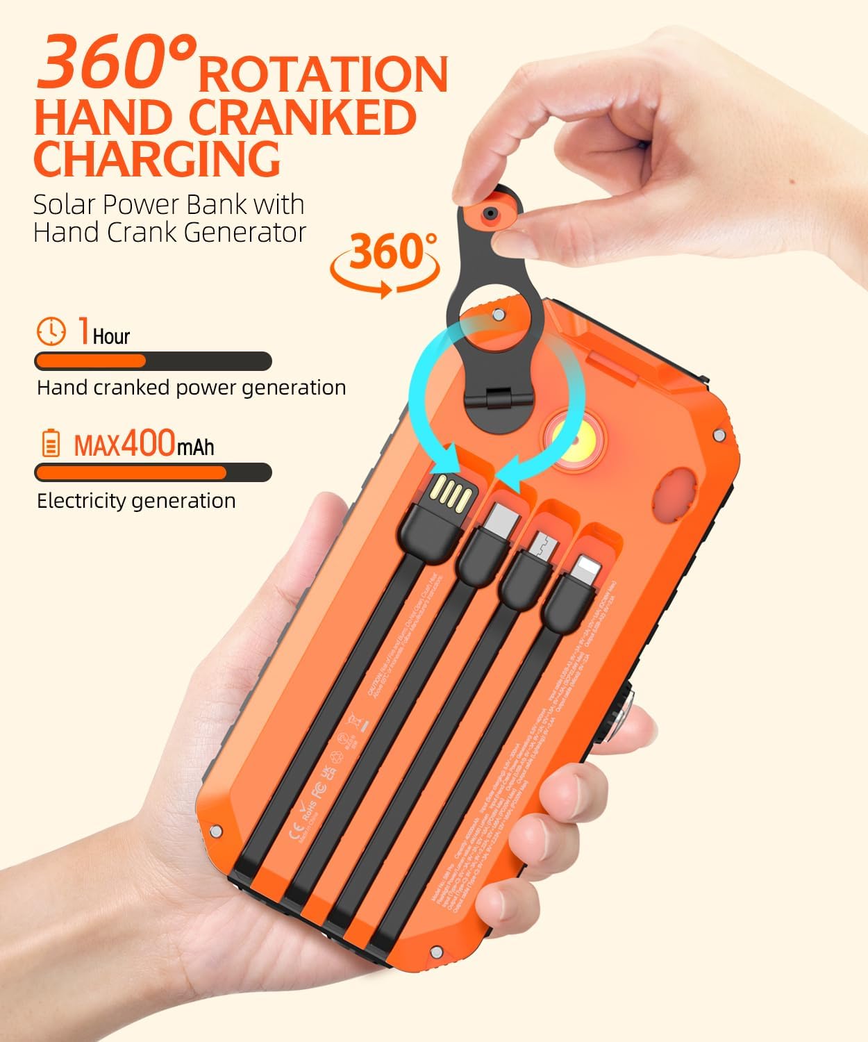 Orange solar power bank with hand crank generator held by a hand on a light beige background