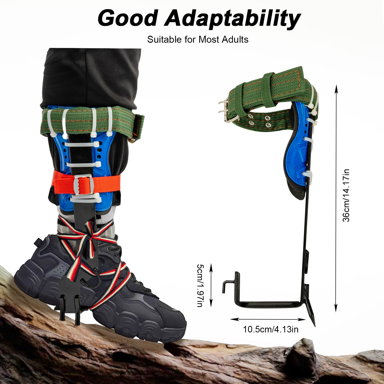 Prosthetic leg with straps and measurements on a white background