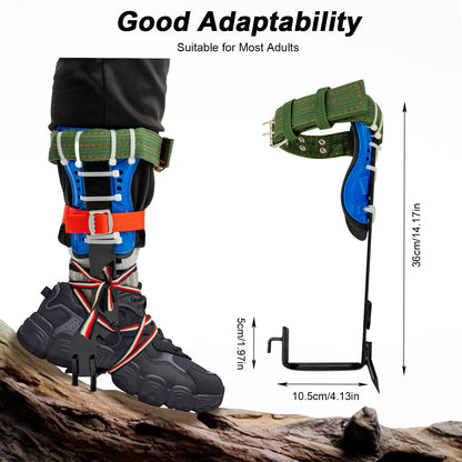 Prosthetic leg with straps and measurements on a white background