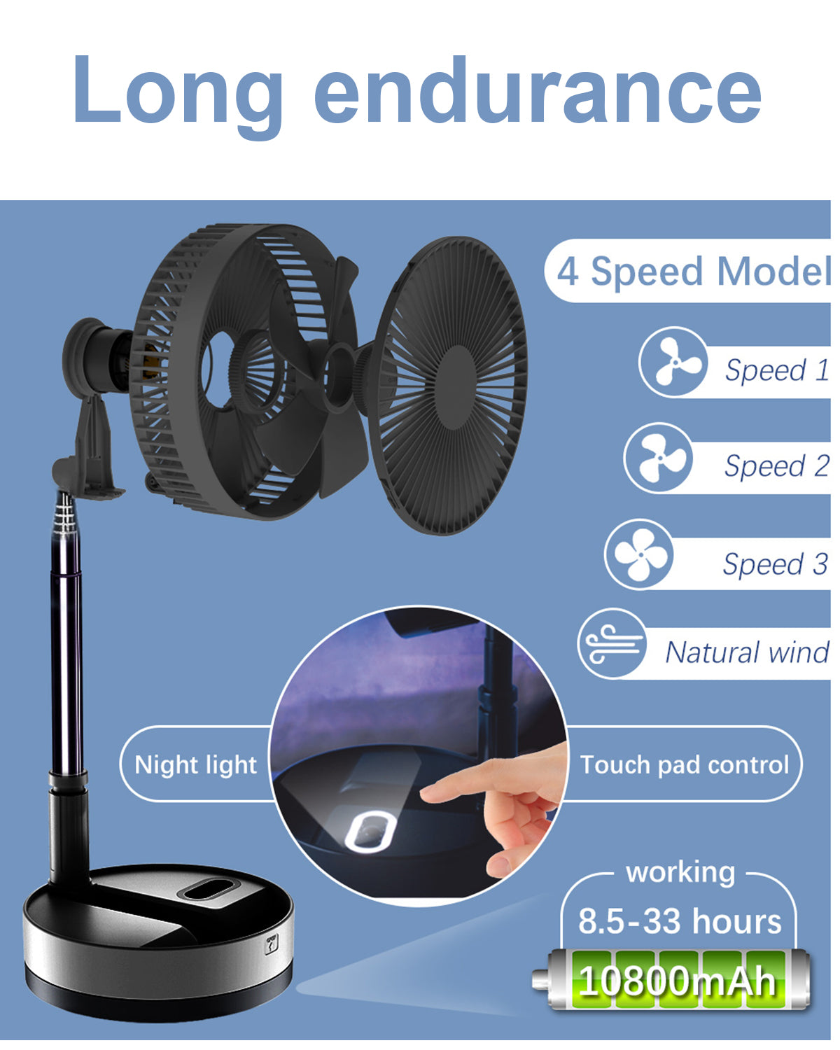 Foldable Fan with Remote & 10800mAh Battery - Portable & Powerful