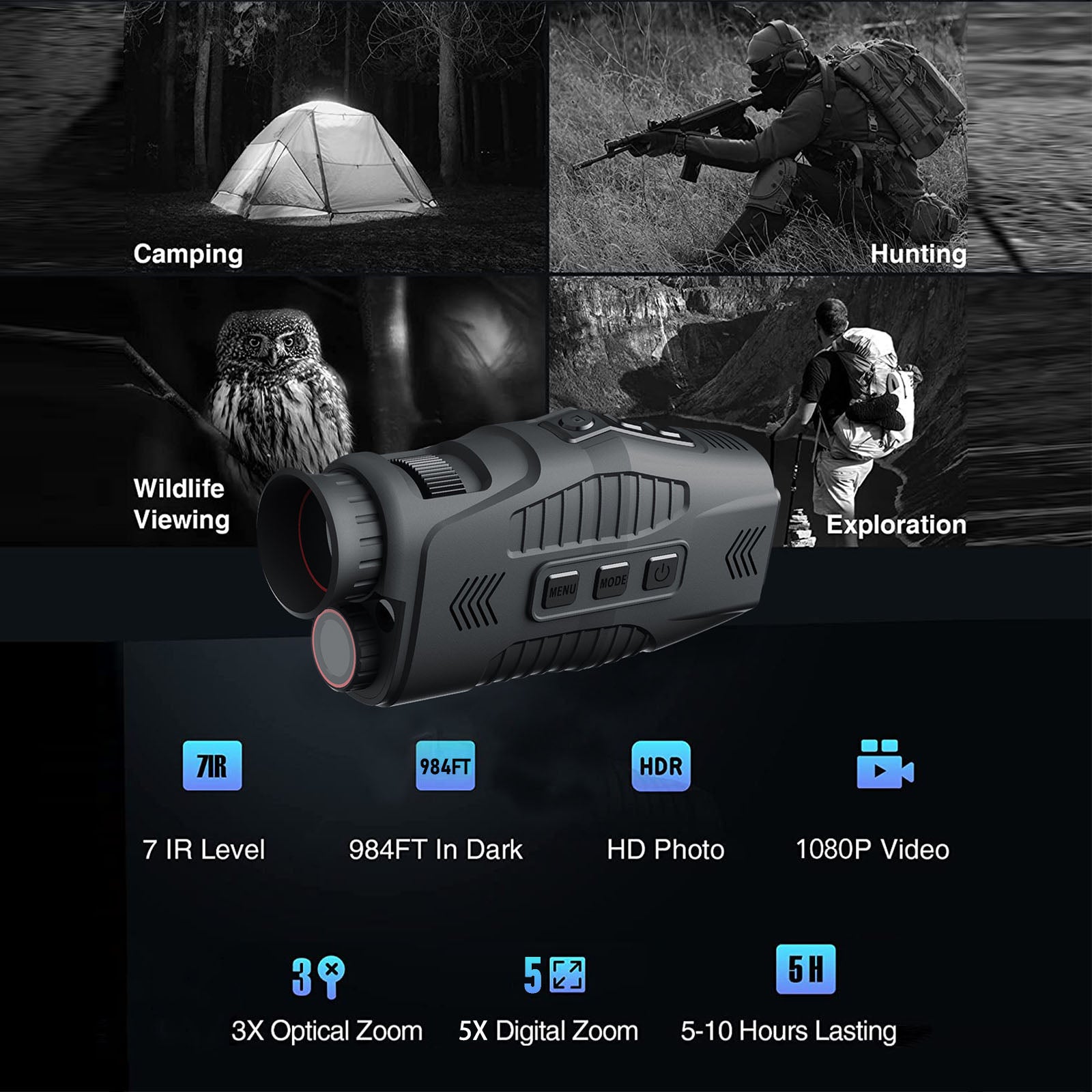 Infrared night vision device with applications for camping, hunting, wildlife viewing, and exploration.