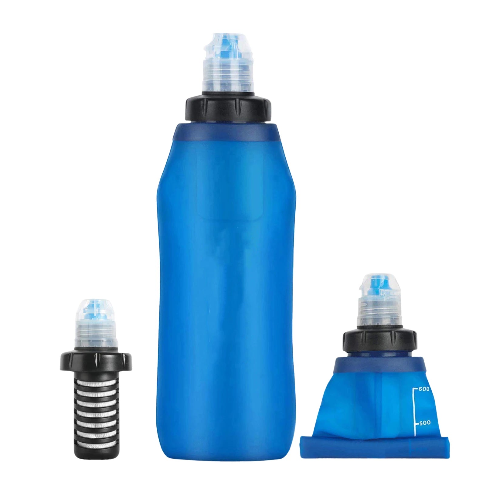 Blue flexible water bottle with black and clear cap on a white background