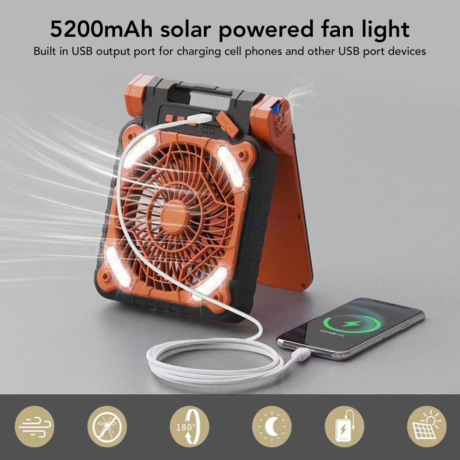 Solar Fan 5200mAh: 4-Speed, Type C, LED Timer, Low Noise