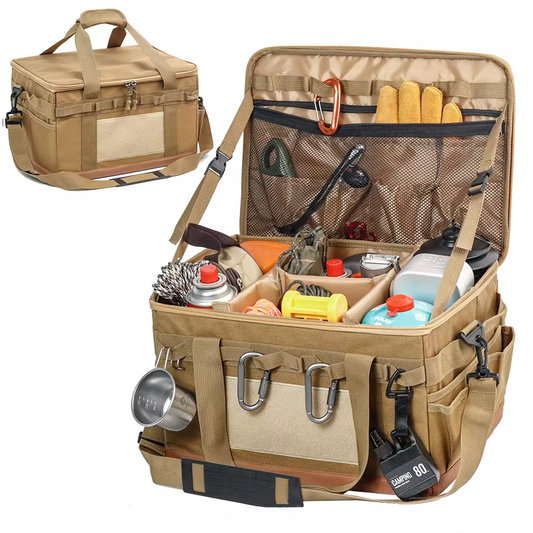 Tan outdoor gear bag with various compartments and tools on a white background