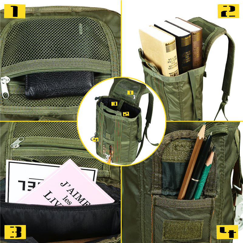 Collage of a green backpack with various compartments and items.