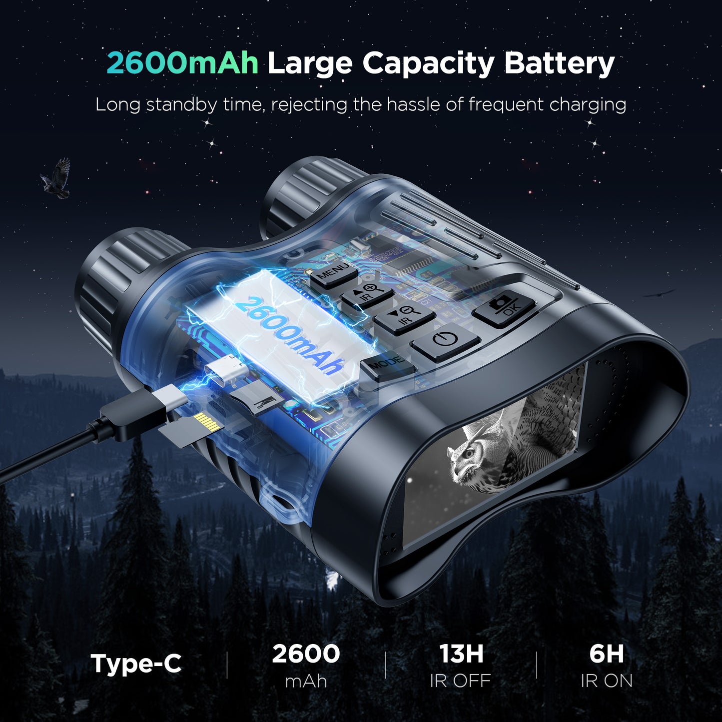 Portable device with 2600mAh battery capacity on a dark background