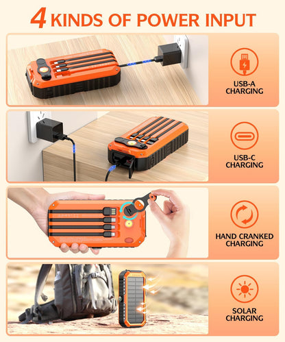 Orange power bank with charging methods on a wooden surface