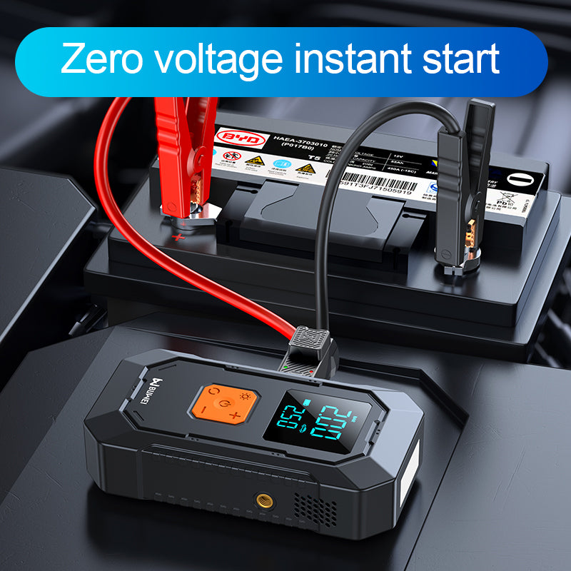 Car jump starter with digital display on a car battery, featuring 'Zero voltage instant start' text.