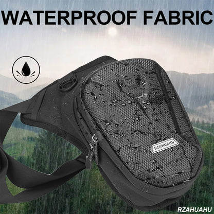 Black pouch with waterproof fabric feature, showing water droplets on surface, with mountainous background.