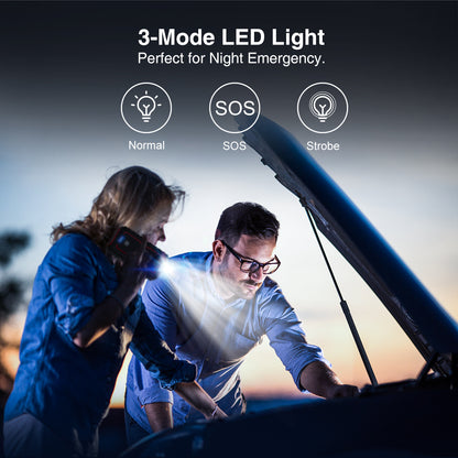 Two people using a 3-mode LED light on a car at night.