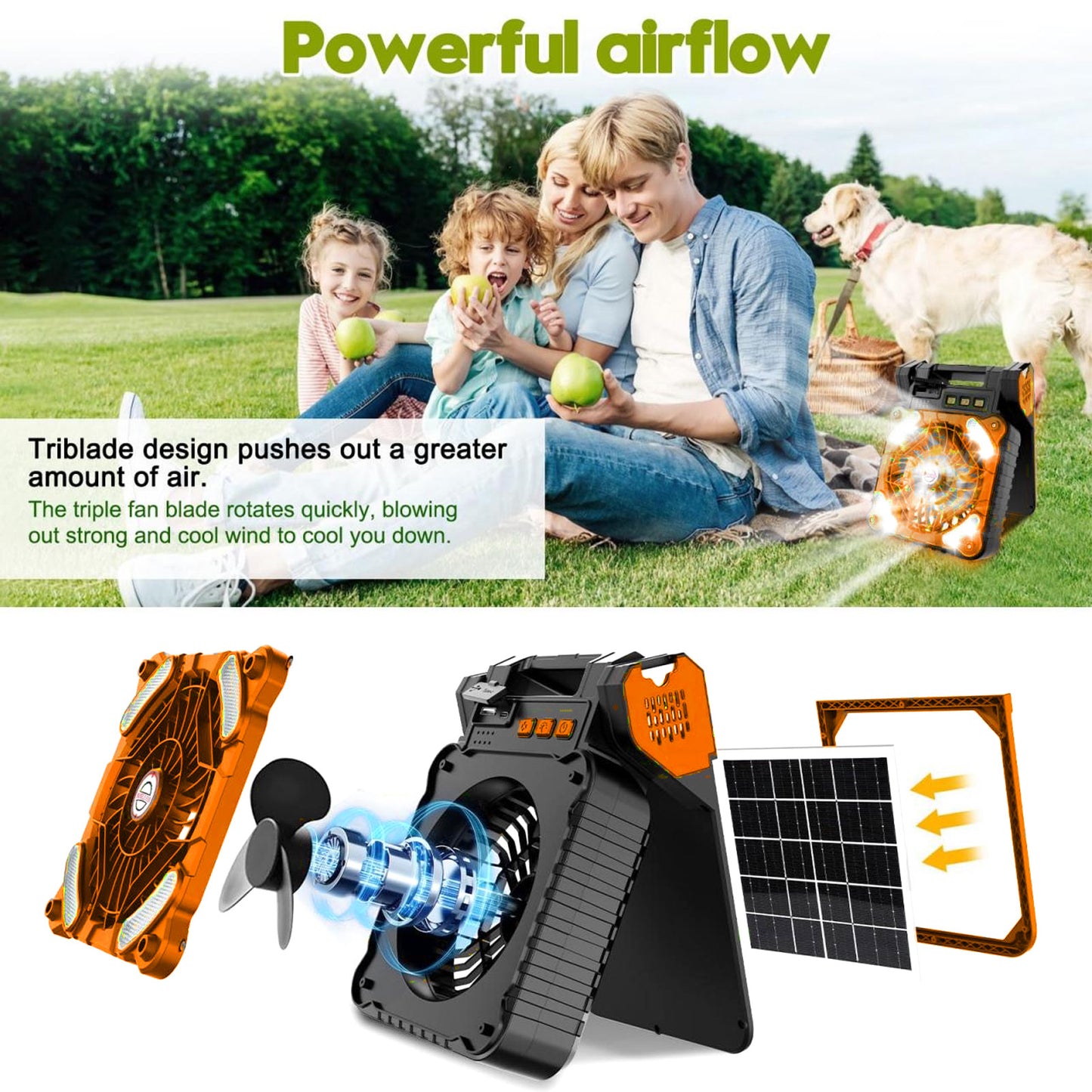 Solar Fan 5200mAh: 4-Speed, Type C, LED Timer, Low Noise