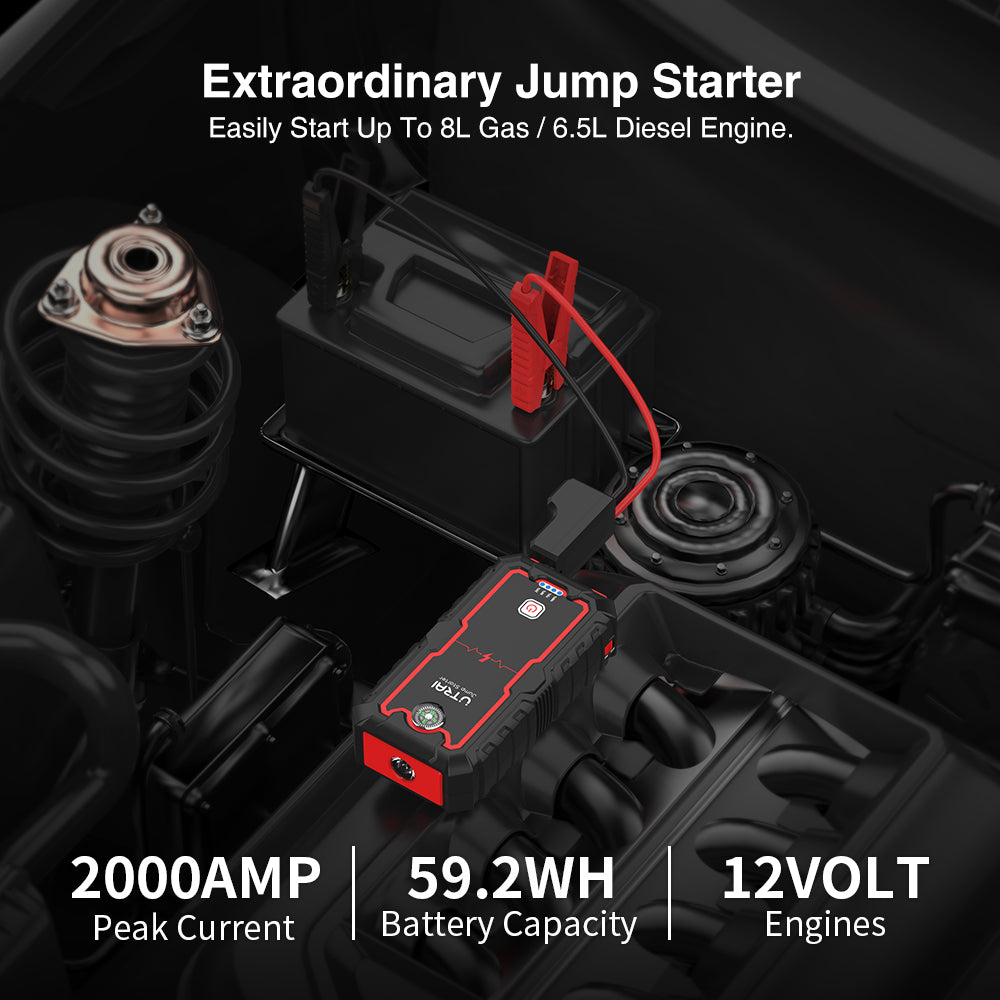 Jump starter device attached to a car battery with engine components in the background.