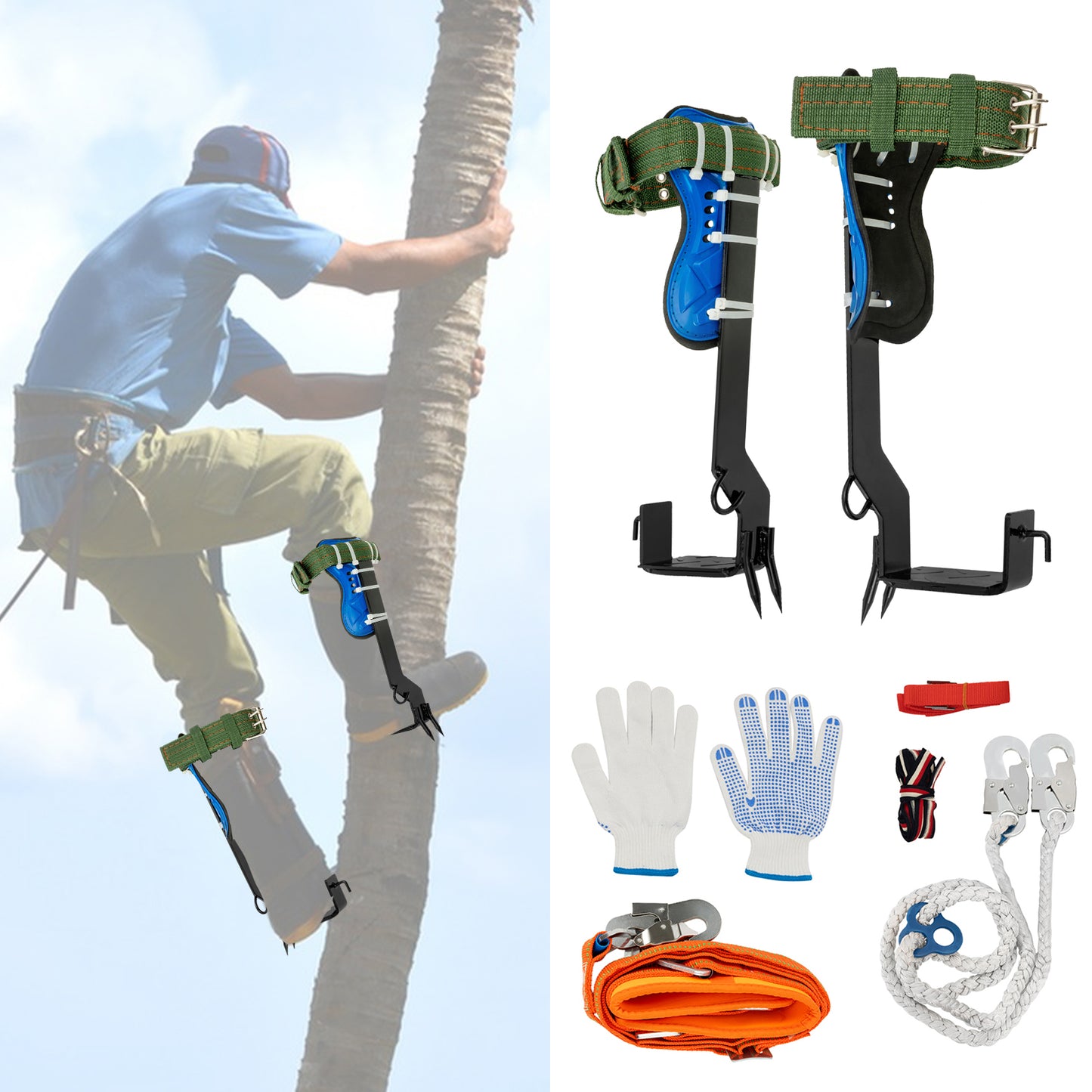 Tree climbing equipment set with harnesses, gloves, ropes, and a climber on a tree.