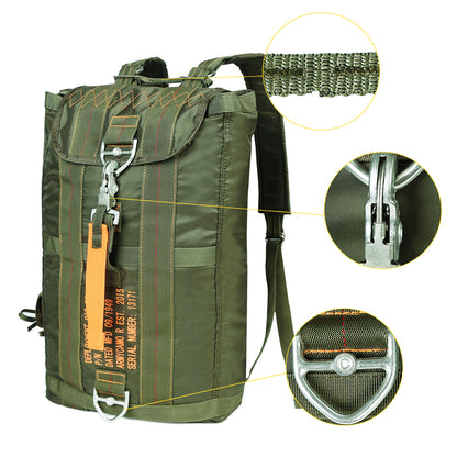 Green backpack with detailed views of its features on a white background