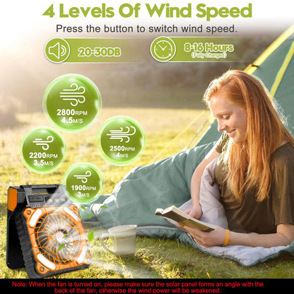 Solar Fan 5200mAh: 4-Speed, Type C, LED Timer, Low Noise