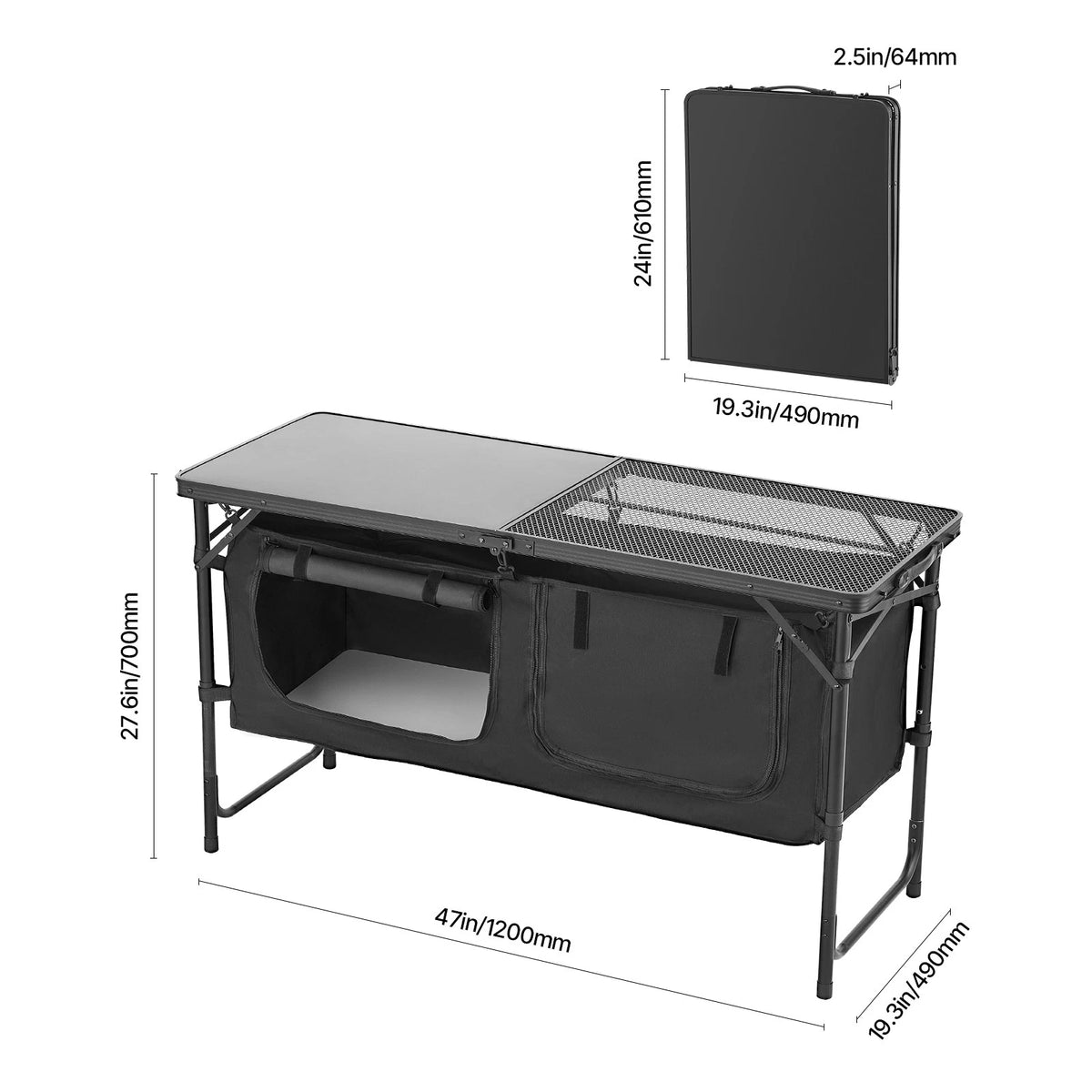 Black folding table with dimensions labeled on a white background