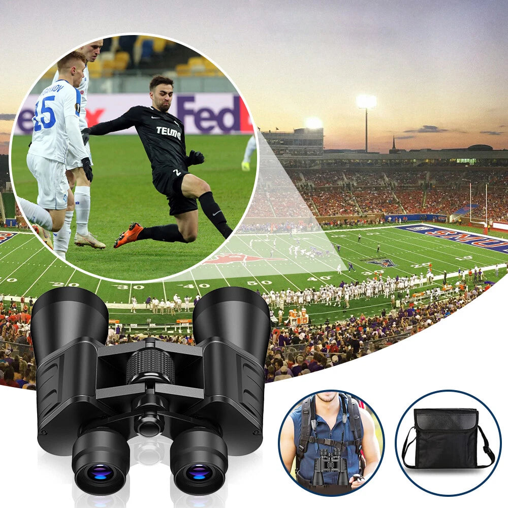Black binoculars shown prominently in the foreground, with a sports stadium scene and a circular inset showing a soccer player, suggesting a sports viewing or binocular product. Small inset circles at the bottom show the binoculars worn on a backpack and a black carrying case.