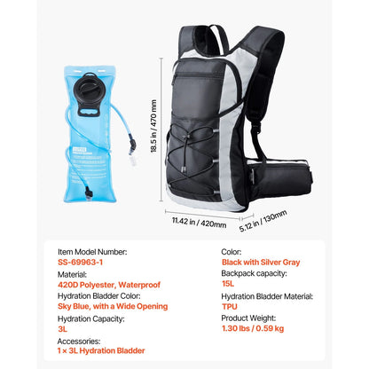 Black and gray hydration backpack with a blue water bladder on a white background