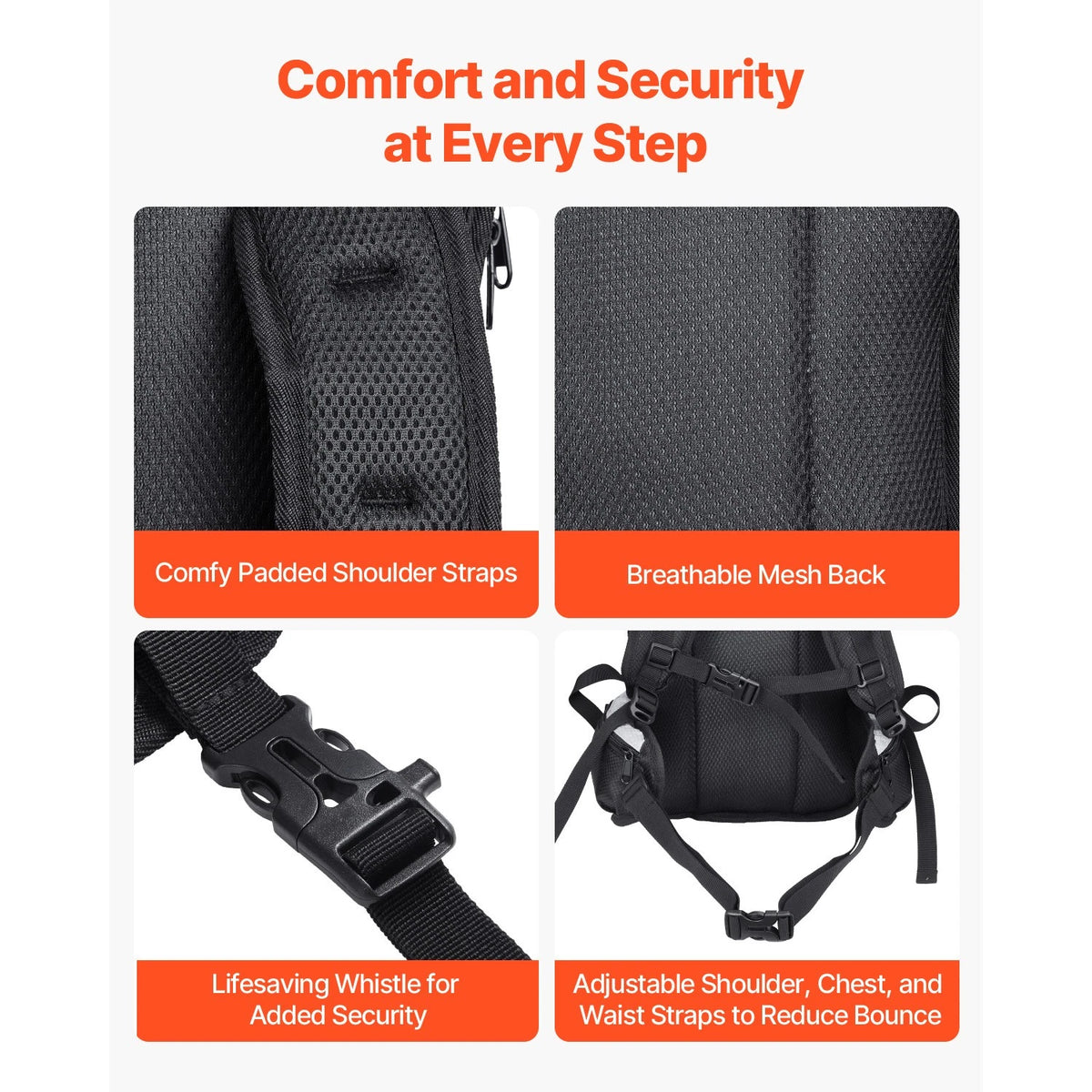 Black backpack with features highlighted on a white background