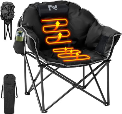 Black camping chair with neon light design, including a carrying bag, on a white background.