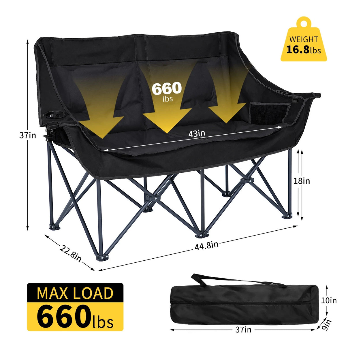 Black folding camp chair with metal frame, shown with dimension labels, weight 16.8 lbs, max load 660 lbs, and a carrying bag on a white background.