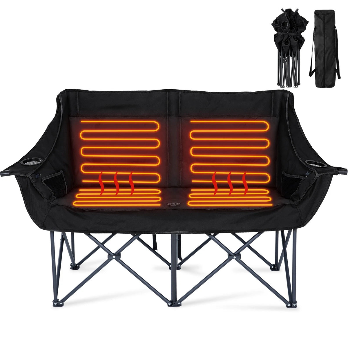 Black outdoor folding camp chair with integrated orange heated seat pads, shown on a white background with folded and carried views in the top right.