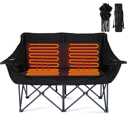 Black outdoor folding camp chair with integrated orange heated seat pads, shown on a white background with folded and carried views in the top right.