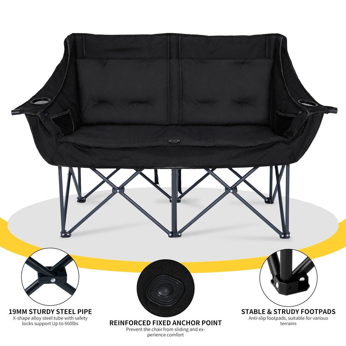 Black outdoor folding lounge chair with cup holders on the sides, shown on a white background with three circular feature callouts and text about steel pipe support, anchor point, and footpads.