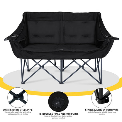 Black outdoor folding lounge chair with cup holders on the sides, shown on a white background with three circular feature callouts and text about steel pipe support, anchor point, and footpads.