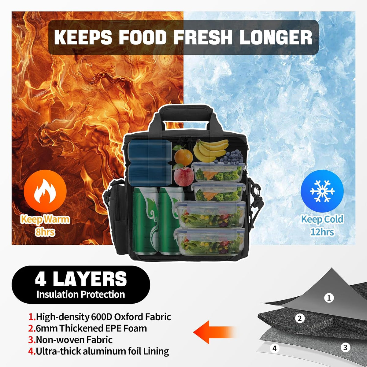 Insulated lunch bag with food compartments on a background showing fire and ice, highlighting its temperature retention features.