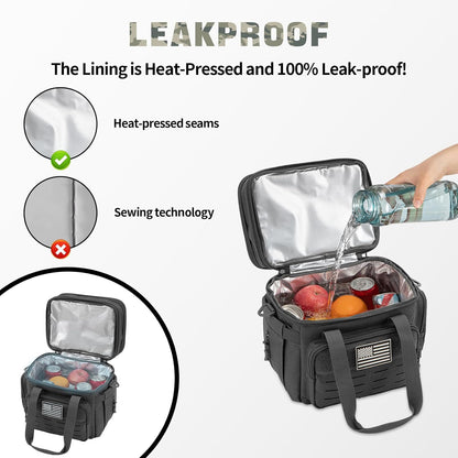 Leakproof cooler bag with heat-pressed seams and 100% leak-proof lining, showing a hand pouring water into the bag.